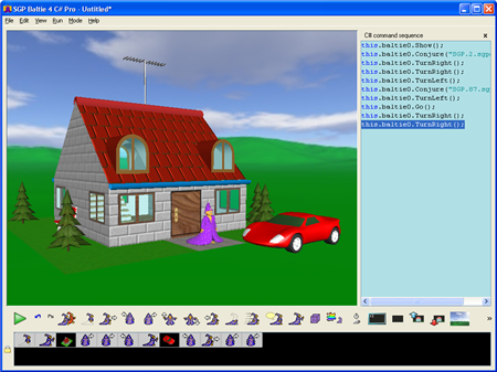 In the interactive mode we give commands to Baltie who executes them. On the right side the equivalent C# code is shown.
