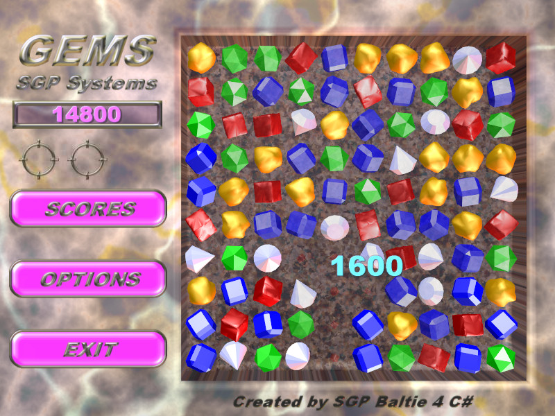 Find three or more adjacent gems with same color and blow them up in 3D